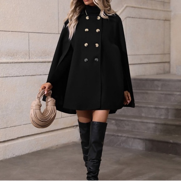 Black Preppy Womens Double Breasted Cloak Sleeve Cape Overcoat - Picture 1 of 4